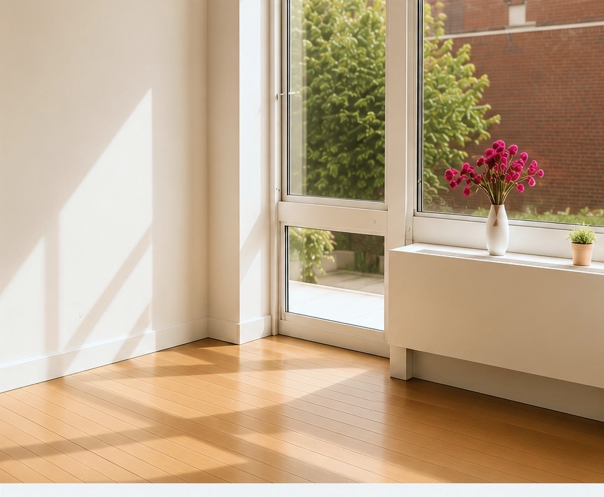 A sunlit, empty room with wood floors, a window, and a vase of flowers on the sill.