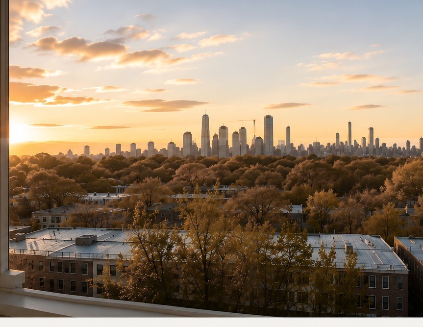 A sunset view of the Manhattan skyline from a high window, autumn trees in the foreground.