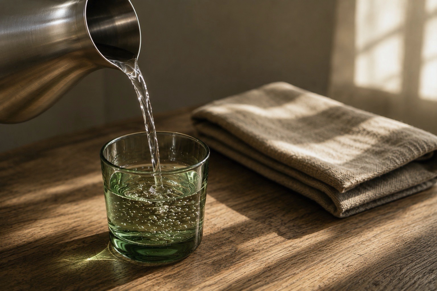 A metal pitcher pouring water into a green glass on a sunlit wooden table, with folded linen beside it.